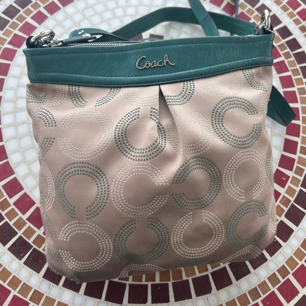 COACH Ashley Op Art Dotted Signature Green Sateen Hippie Shoulder Crossbody Bag
